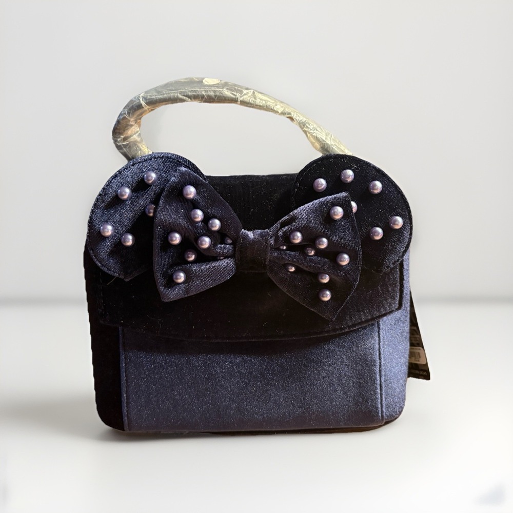 Loungefly Black Velvet Bow Pearl Accent Top-Handle Clutch